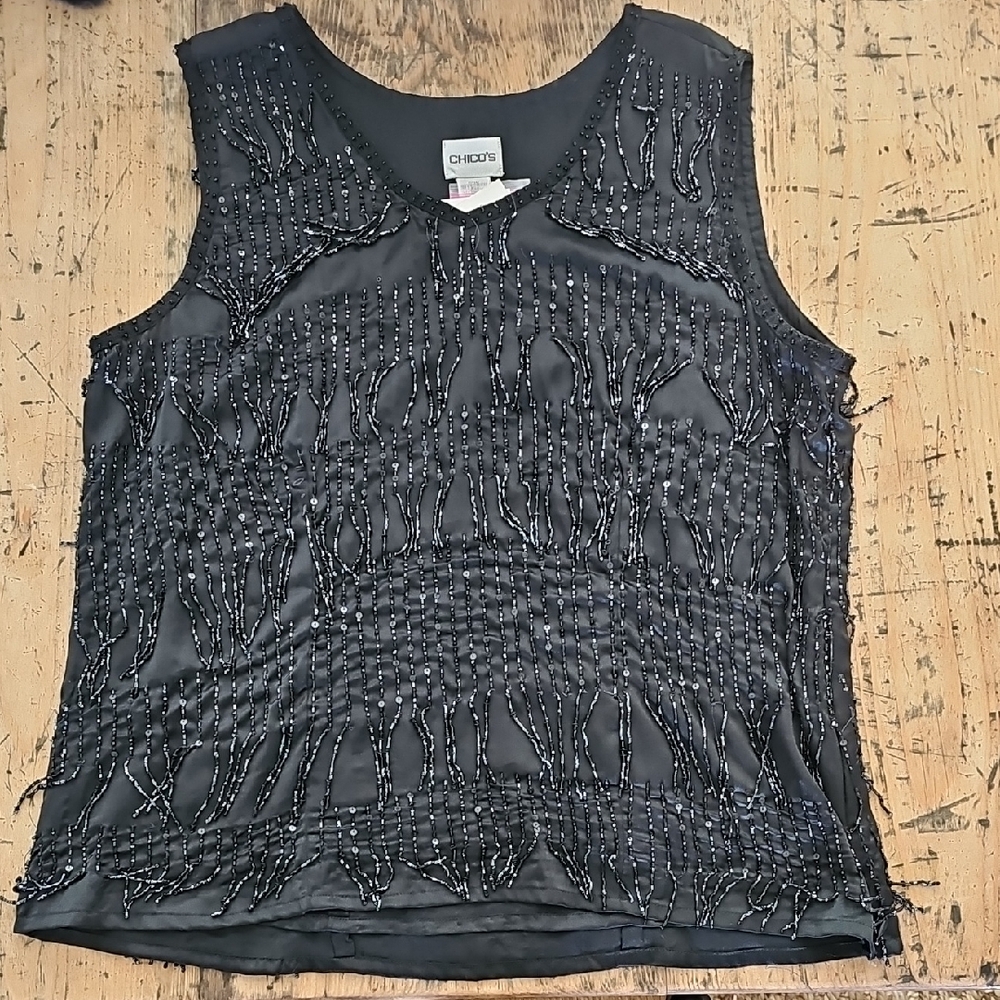 CHICO'S Adrian‎ Flapper-style Beaded Black Cocktail Party Top Size Large